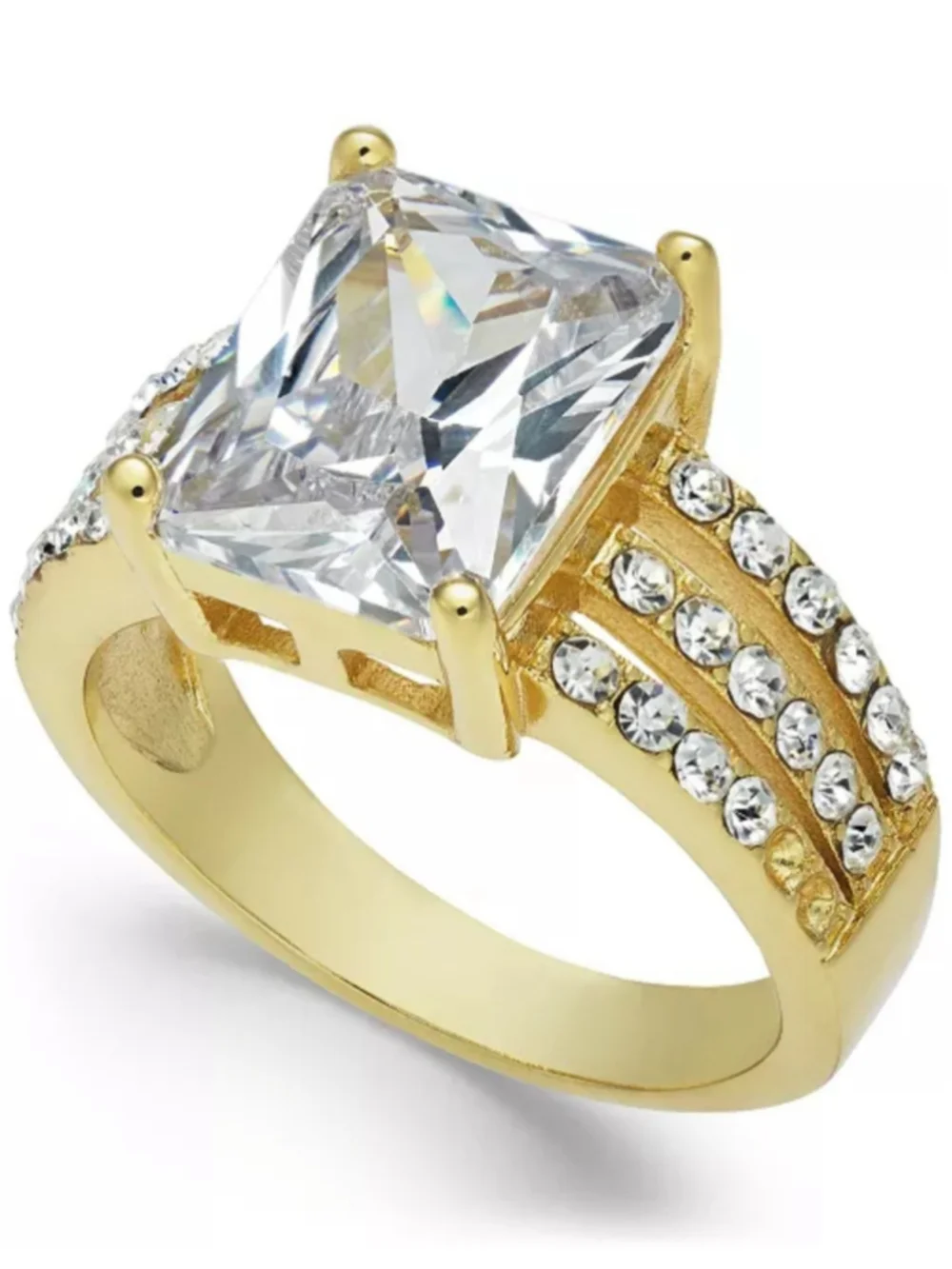 Gold Plate Emerald-Cut Crystal Triple-Row Ring Size 9